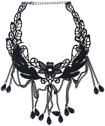 Černý náhrdelník s květinami a kameny - Halloween