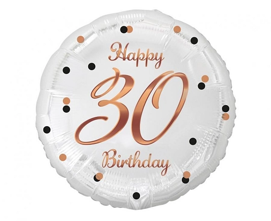 Balón foliový bílý 30 let - Happy birthday - narozeniny - růžovozlatý nápis -  45 cm