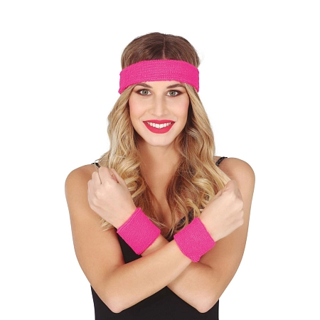 Retro sada potítek s čelenkou neon - růžové - 80.léta - disco - 3 ks