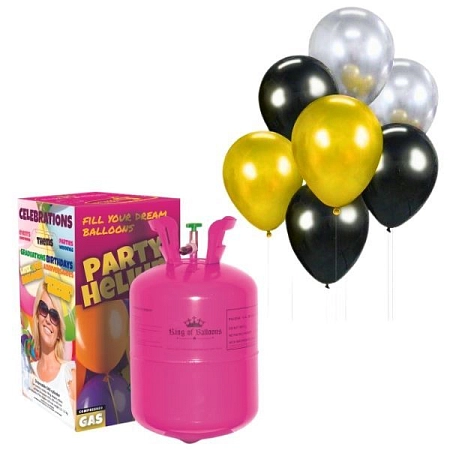 Helium a sada latex. balónků - chrom. zlatá, stříbrná, černá 7 ks - 30 cm