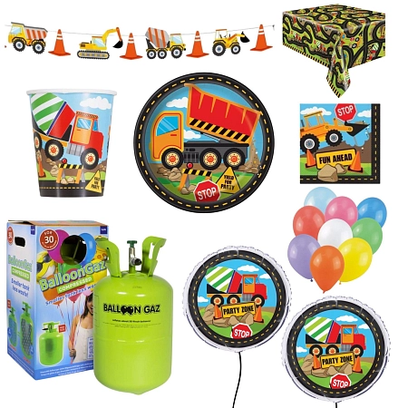 Dětská narozeninová sada Stavba - Bagr s balónky a heliem - 10 osob