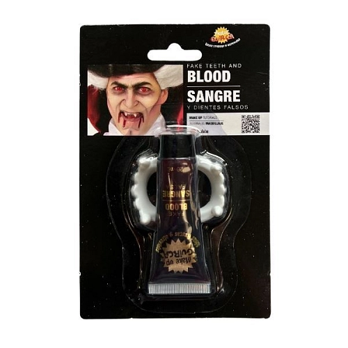 Upíří zuby s umělou krví 20 ml - upír - vampír - drakula - Halloween - 2 ks