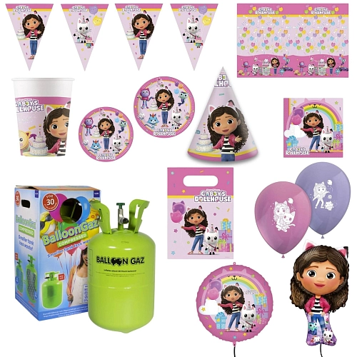 Dětská narozeninová sada Gábinin kouzelný domeček - Gabby's Doll house s balónky a heliem - 10 osob
